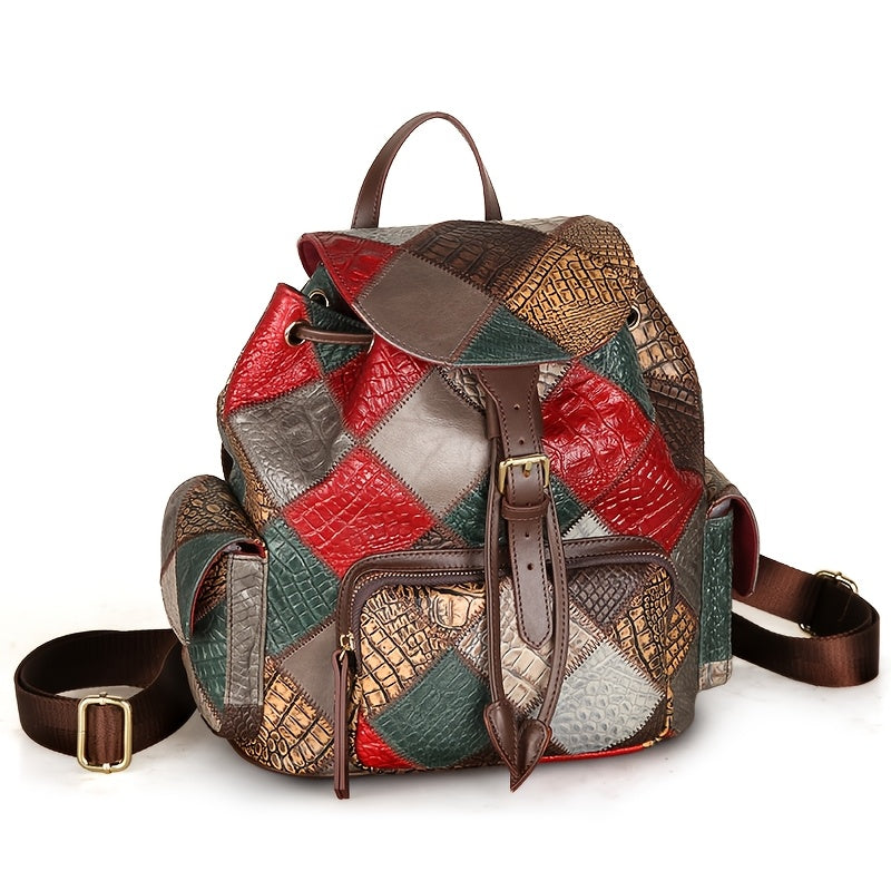 Vintage Patchwork Women'S Backpack - Genuine Leather, Adjustable Straps, Drawstring Closure, Tribal Style, with Polyester Lining And Applique Embellishment for Travel, School, Or Daily Use, Travel Backpack