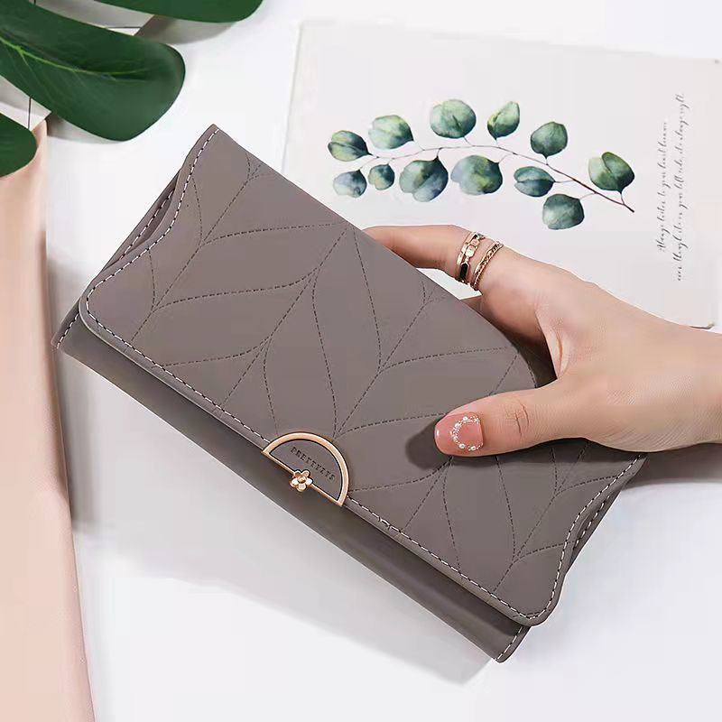 New Fashionable Large Capacity Women'S Long Simple Folded Flower Lady'S Wallet, Synthetic Leather