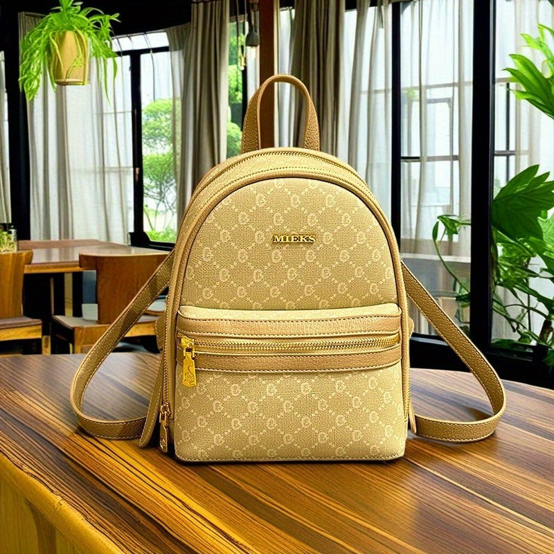 Practical Women'S Backpack: Beige with Iconic Print, Multiple Pockets, Perfect for Daily Use And Travel.