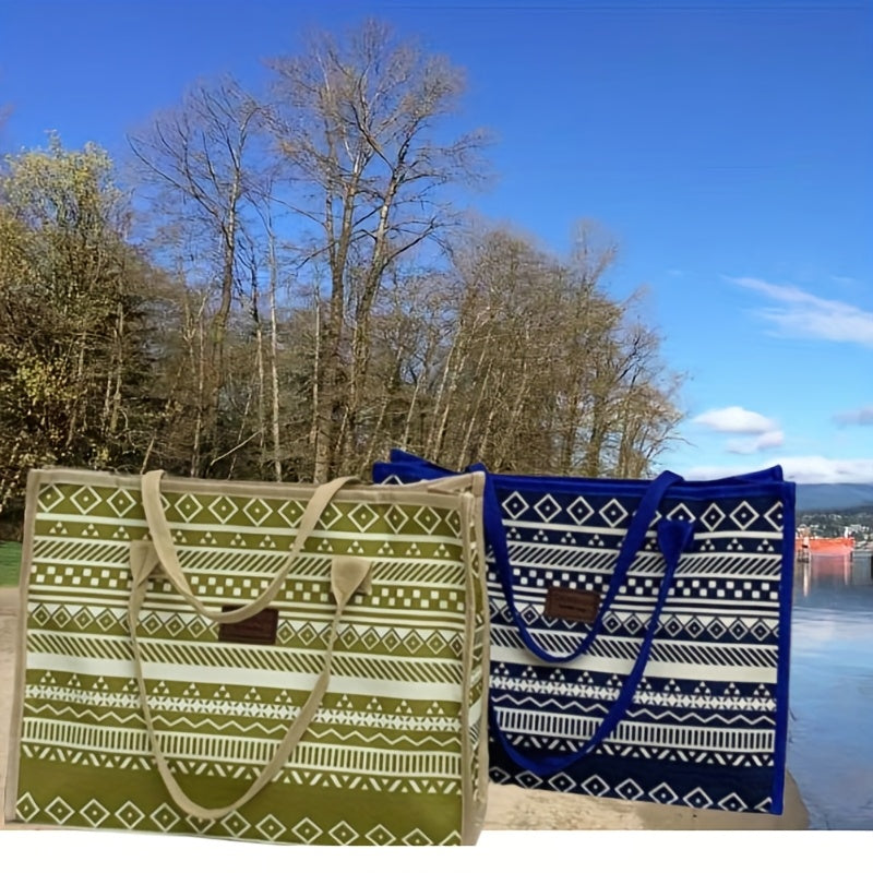 Vintage Ethnic Style Large Capacity Canvas Tote Bag - Fashionable Minimalist Shoulder & Handbag for Work, Commuting, and Everyday Use, Canvas Material, Geometric Pattern, Shoulder Ba