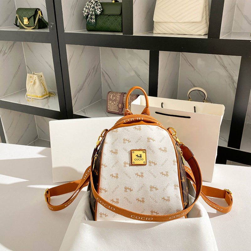 Elegant Floral Print Women'S Backpack - Large Capacity Beige & Brown Split Leather Travel Backpack with Adjustable Straps, Zip Closure, and Polyester Lining for Commuting, Casual, and Travel Use, Backpack for Schoo