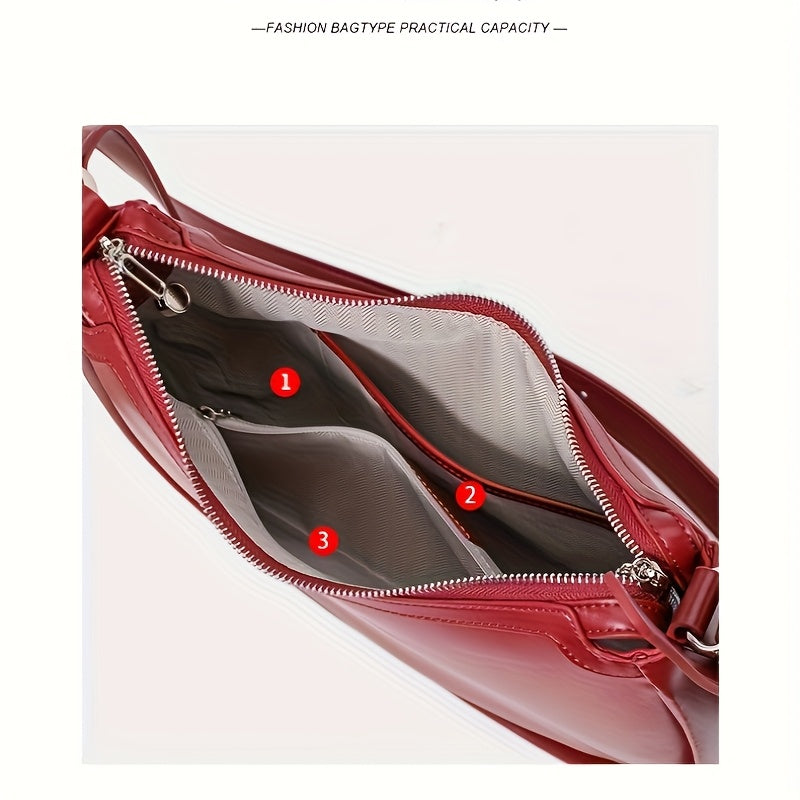 2025 New Genuine Leather Women's Crescent Moon Handbag - Large Capacity Adjustable Shoulder Strap, Zipper Closure, Wine Red with Metallic Accents, Light Luxury Elegant Handbag for Work & Casual Outings, Sophisticated Handbag, Metallic Zipper Closure