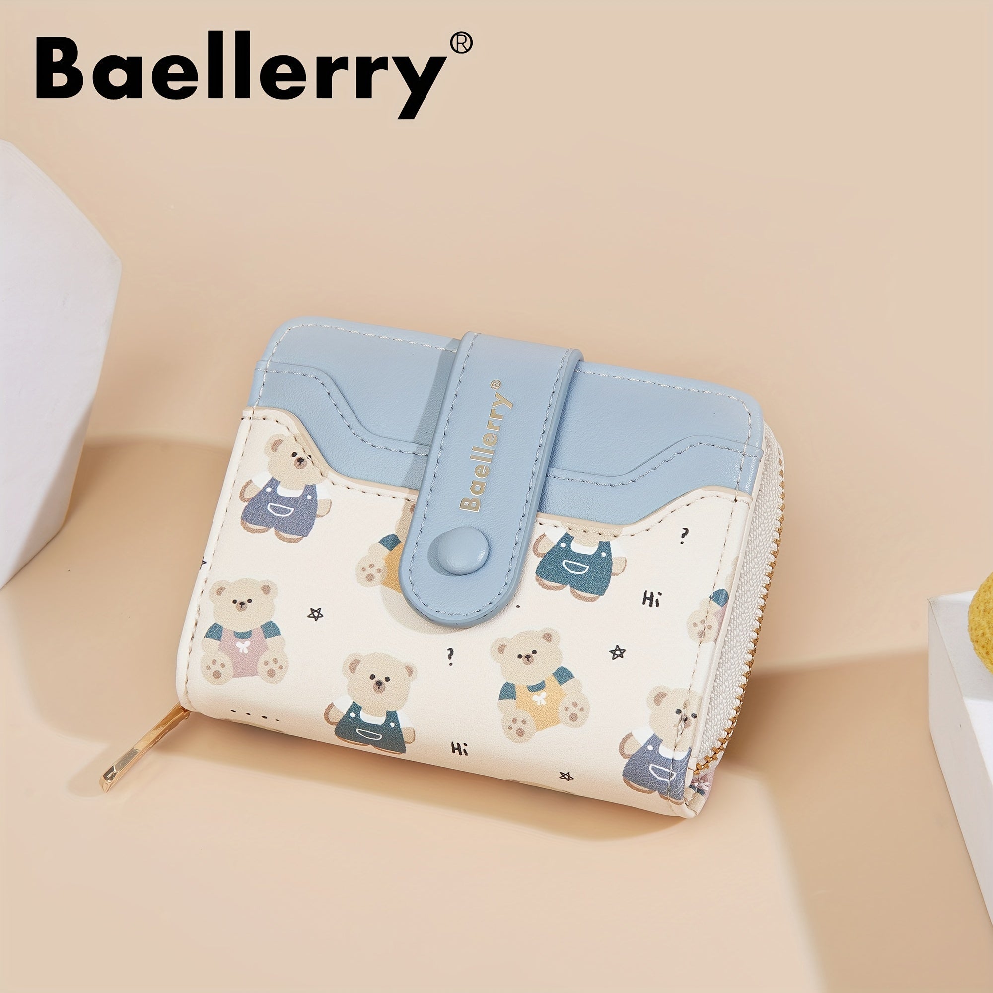 baellerry 1pc Mini Women's Wallet Short Style Bear Cartoon Print Button Credit Card Card Bag Zipper Coin Purse