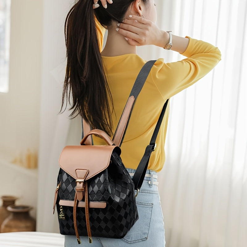 Quilted PU Backpack Coffee Brown & Black Quilted PU Backpack for Women | Adjustable Shoulder Straps, Golden Buckle, and Joyful Face Charm | Perfect for Work, Travel, and Everyday Use