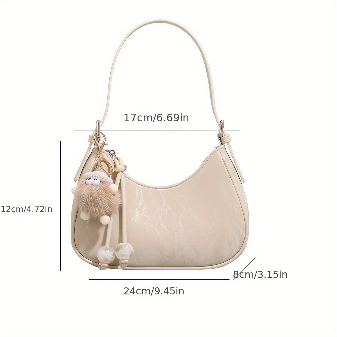 Chic Creamy-White Crescent Moon Crossbody Bag for Women - Adjustable Strap, Zip Closure, Minimalist Design with Pom Pom Charm, Perfect for Spring & Summer
