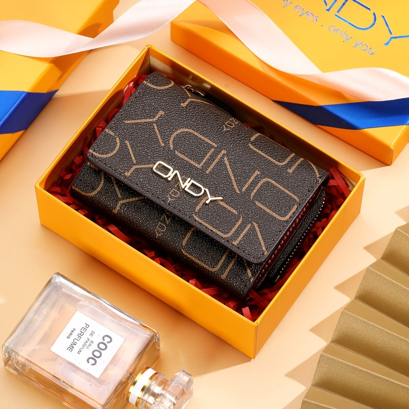 ONDY Classic Letter Print Compact Wallet - Slim & Portable, Multi-Functional Card Holder with Golden Accents, Snap Closure, in Coffee\u002FCaramel - Durable PVC, Easy-Clean