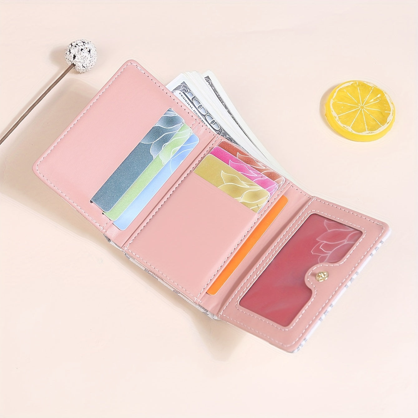 Elegant Mini Trifold Wallet - Stylish Letter Print, Snap Closure, Multiple Card Slots for Women (Available in Pink, White, Black, Dark Brown)