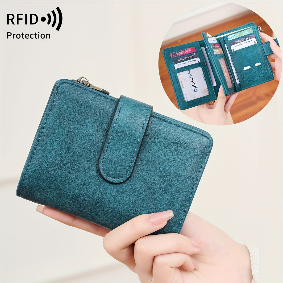 RFID Anti-Theft Wallet Multi-Carat RFID Anti-Theft Wallet - Retro Short Wallet, Solid Color Bifold Coin Purse, Women's Credit Card Holder