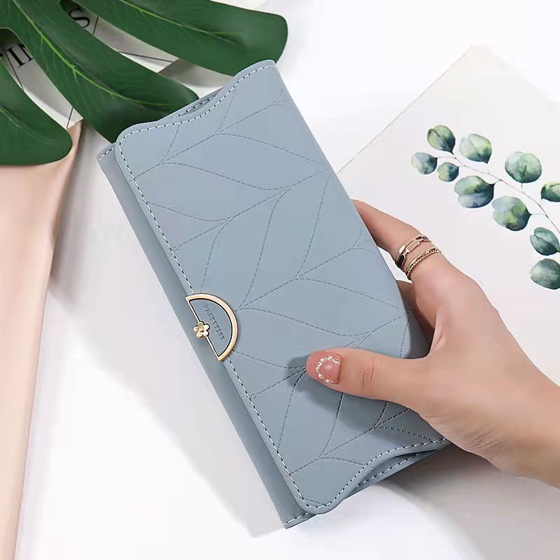 New Fashionable Large Capacity Women'S Long Simple Folded Flower Lady'S Wallet, Synthetic Leather