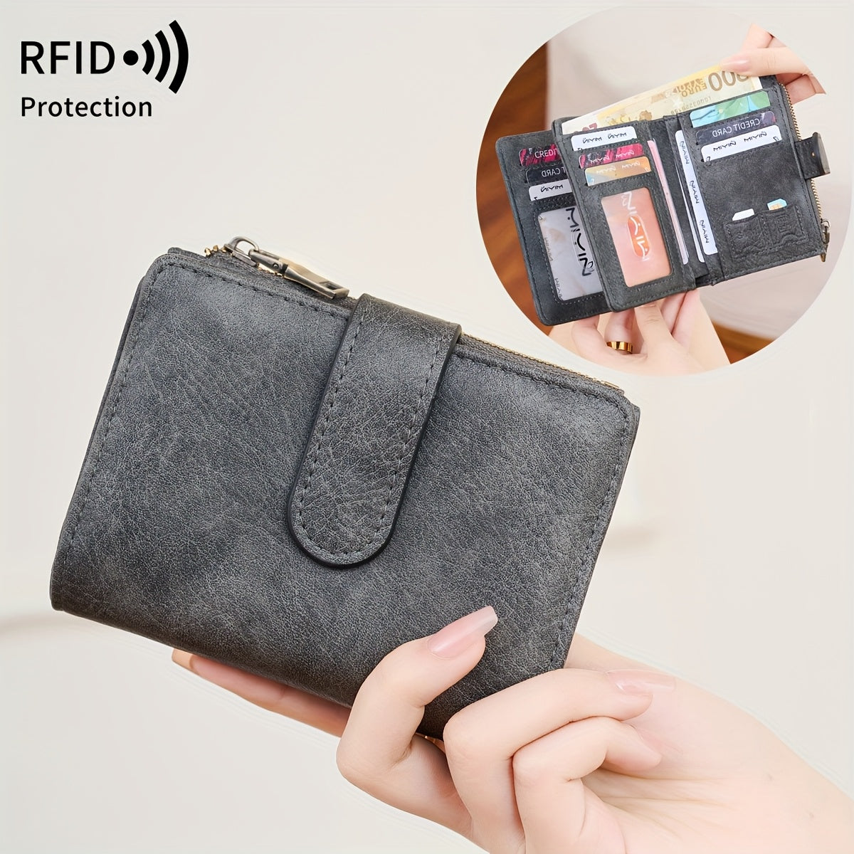 RFID Anti-Theft Wallet Multi-Carat RFID Anti-Theft Wallet - Retro Short Wallet, Solid Color Bifold Coin Purse, Women's Credit Card Holder