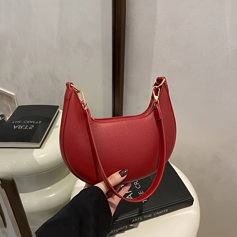 Women's Luxury Crescent-Shaped Evening Clutch - Adjustable Strap & Zipper Closure | Golden Hardware Handbag in 4 Colors (Brown\u002FWhite\u002FRed\u002FBlack) | 2025 Summer | Polyester Lining | Available in 4 Colors