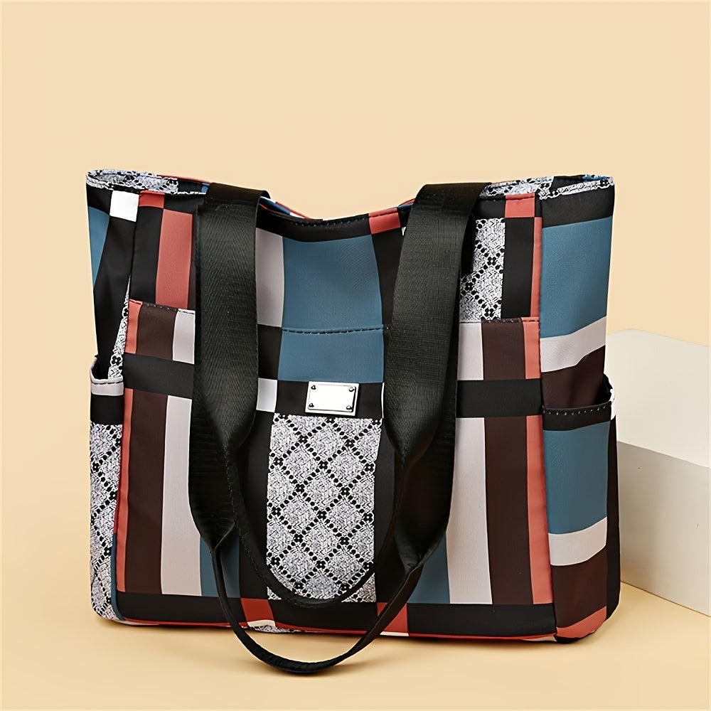 Large Capacity Geometric Tote Bag, Lightweight Casual Shoulder Bag For Daily Use