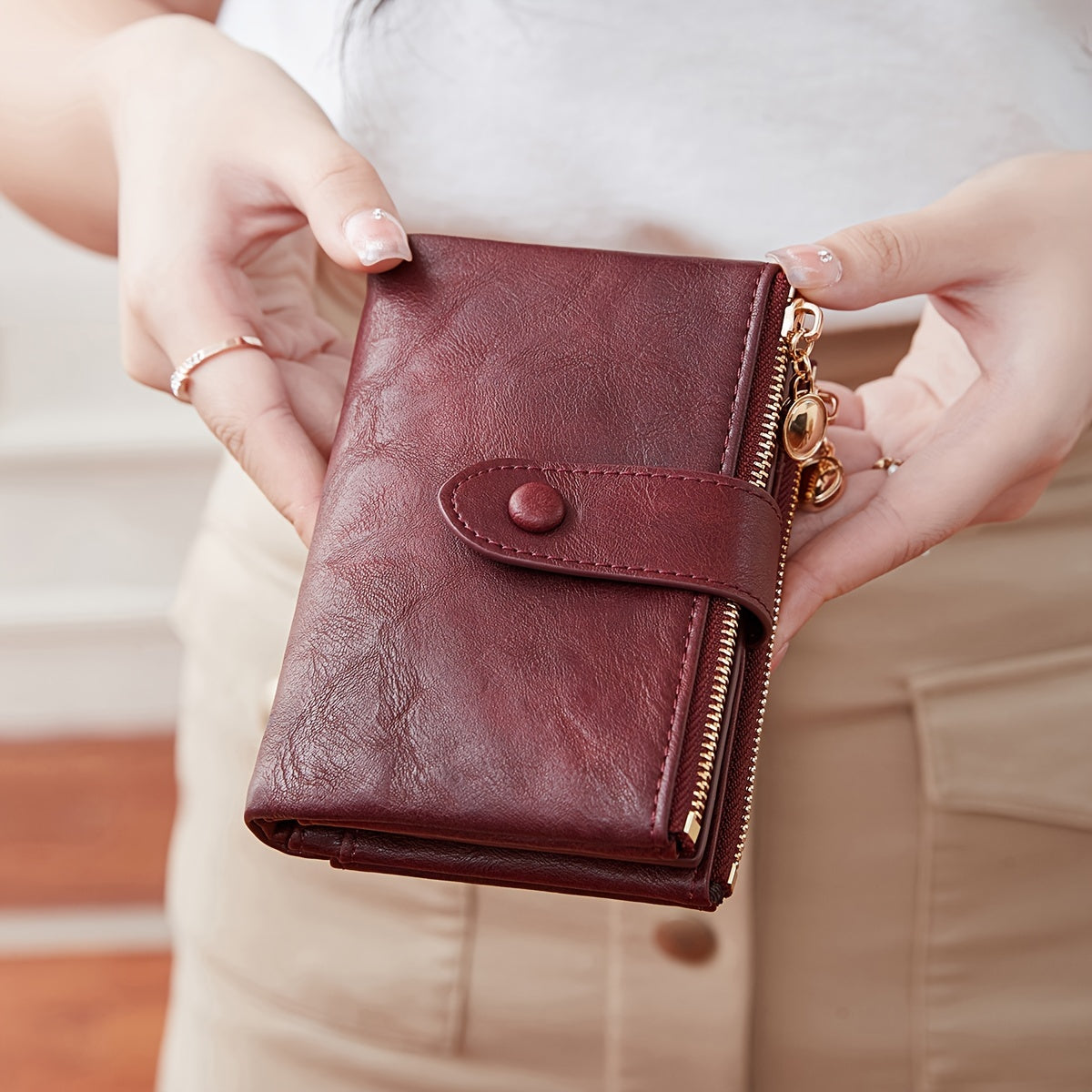 Three-Fold Retro Wallet with RFID Blocking, Multiple Card Slots, Button and Magnetic Snap Closures