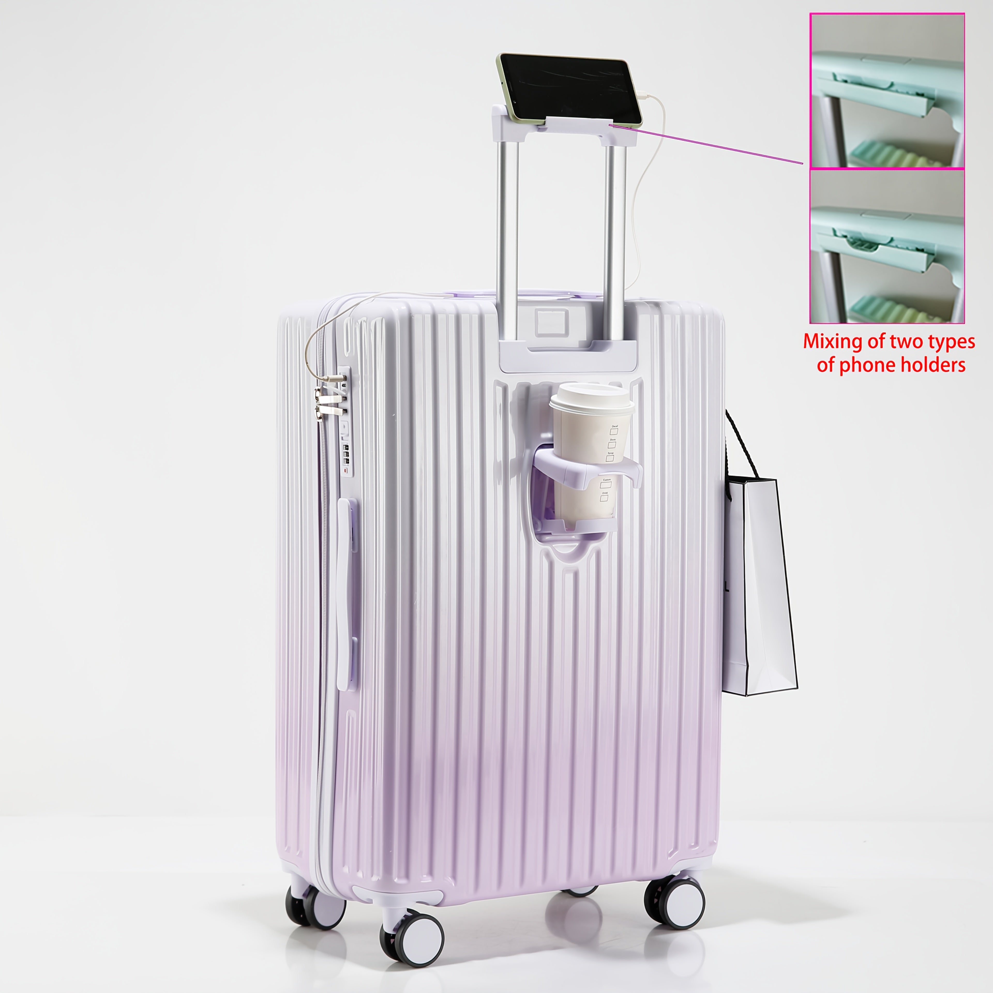 20-Inch Lightweight ABS+PC Gradient Color Travel Suitcase with USB Charging Port, TSA Lock, Cup Holder & Phone Stand for Men and Women