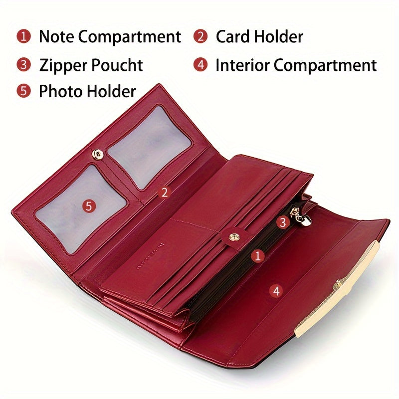 Classic RFID Genuine Leather Wallet for Women - Trifold Snap Closure Handbag with Zip Pocket, Polyester Lined - Luxury Designer Wallet with Cell Phone Pocket from Guangzhou