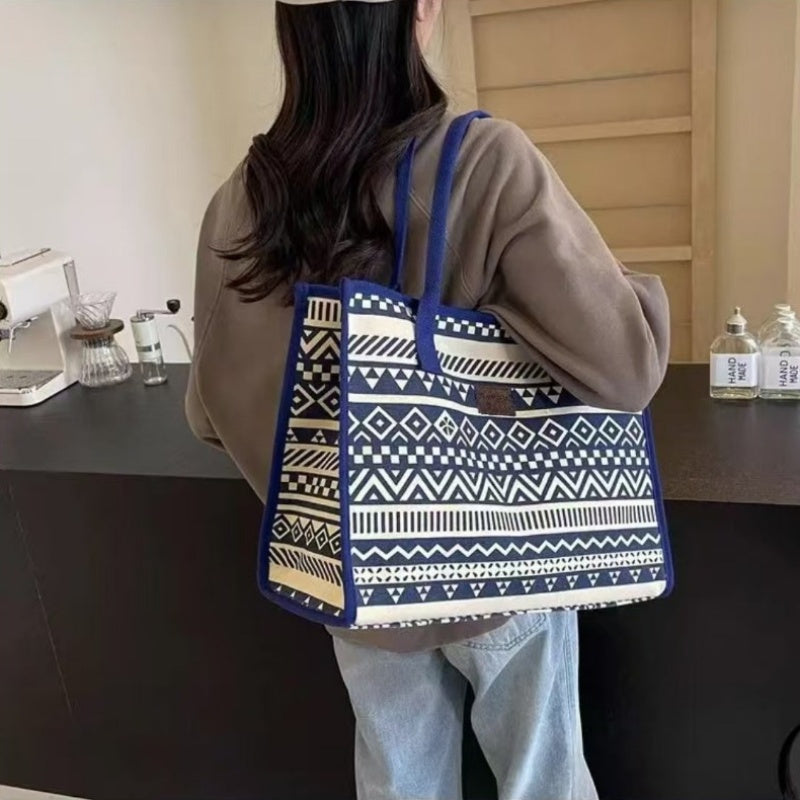 Vintage Ethnic Style Large Capacity Canvas Tote Bag - Fashionable Minimalist Shoulder & Handbag for Work, Commuting, and Everyday Use, Canvas Material, Geometric Pattern, Shoulder Ba