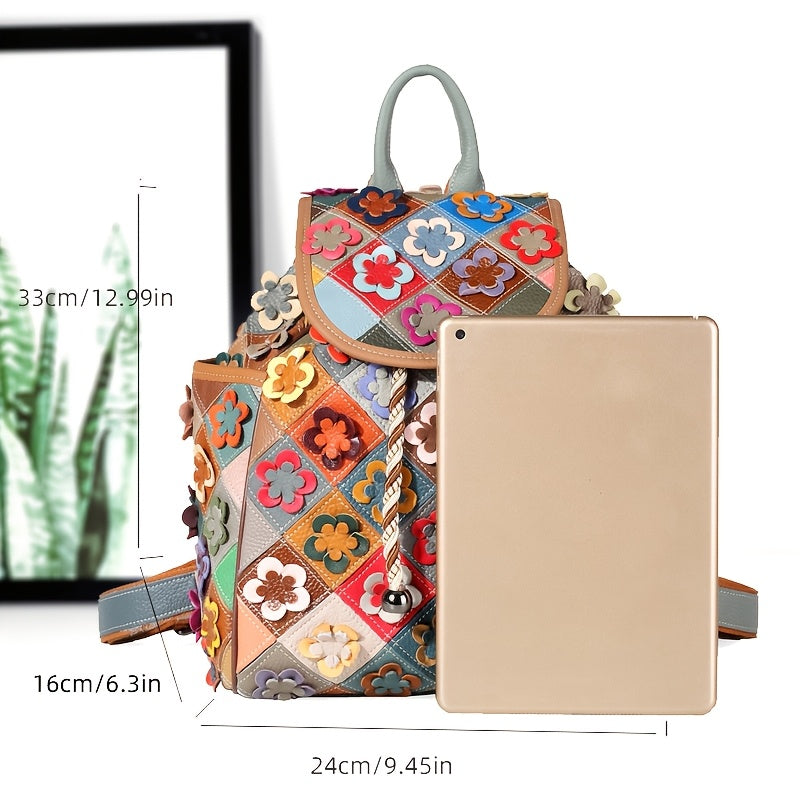 Vintage Floral Genuine Leather Backpack for Women, Colorful Patchwork Design with Bead Embellishments, Adjustable Shoulder Straps, Drawstring Closure, Polyester Lined, Large Capacity Fashion Daypack, Backpack Purse