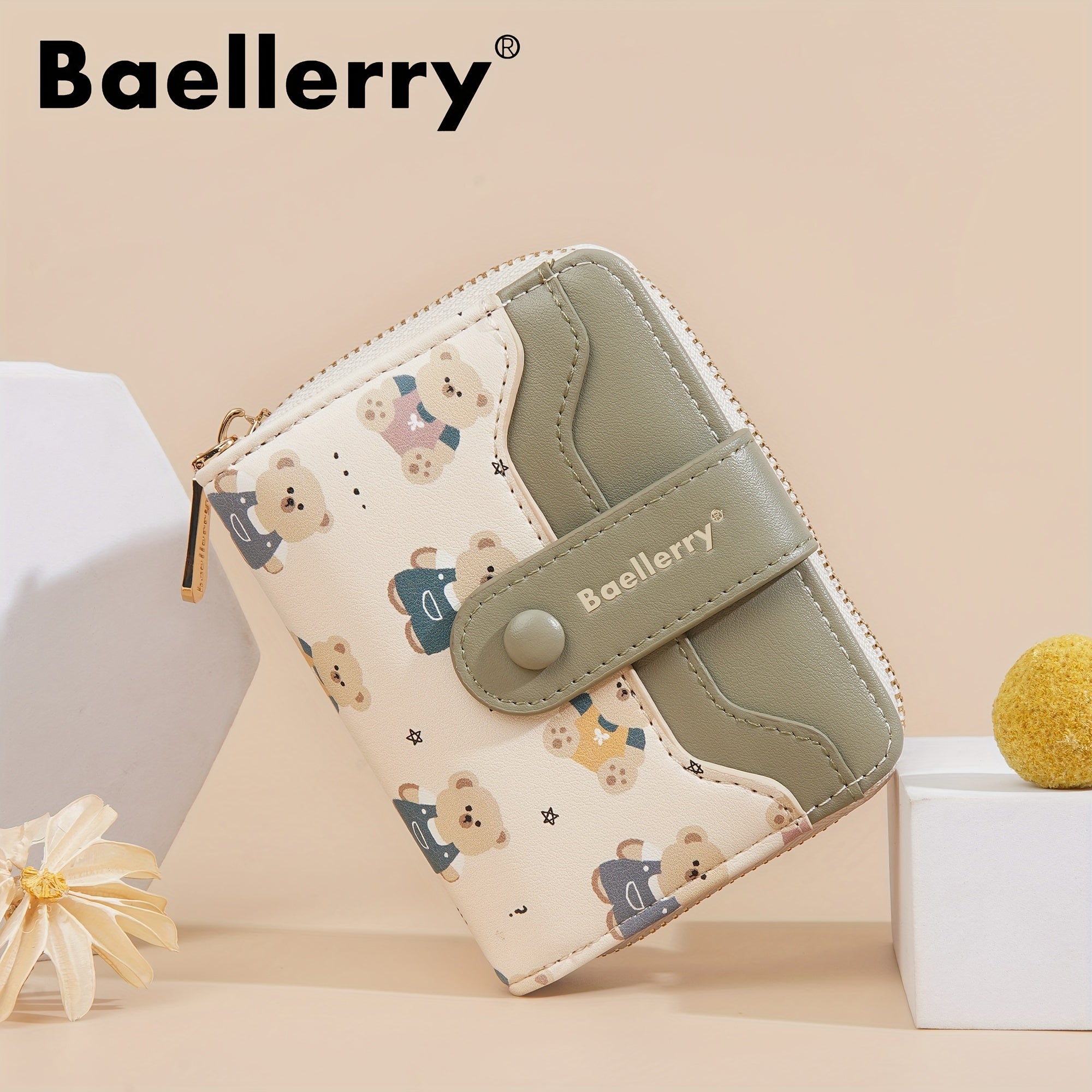 baellerry 1pc Mini Women's Wallet Short Style Bear Cartoon Print Button Credit Card Card Bag Zipper Coin Purse