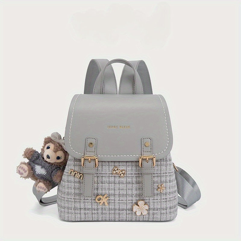 Chic Vintage Plaid Backpack for Women - Large Capacity, Adjustable Straps, Golden-Tone Hardware, Textured Finish, Perfect for, Travel & Everyday Use, Casual Backpack | Elegant Backpack | Textured Finish Bag