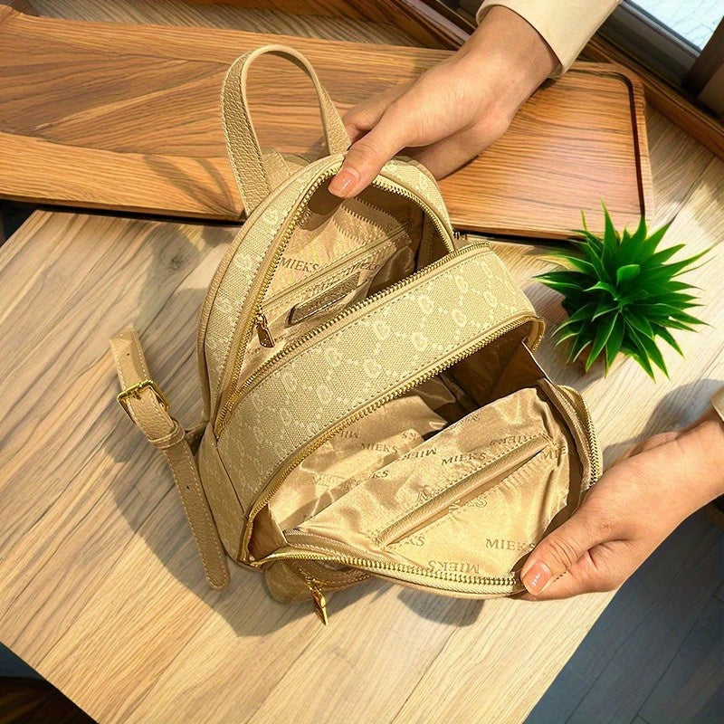 Practical Women'S Backpack: Beige with Iconic Print, Multiple Pockets, Perfect for Daily Use And Travel.