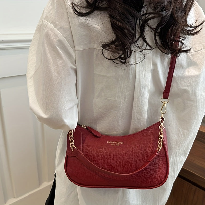 Fashionable And Minimalist Women'S Crescent Shoulder Bag with a Golden-Chain Handle - Featuring a Removable Comfortable Strap, Zipper Closure, Polyester Lining, Perfect for Casual And Everyday Use, Available in Black, White, Brown, And Red