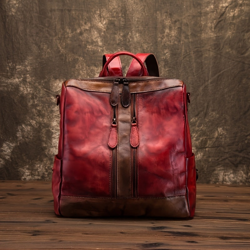 2025 New Women's Genuine Genuine Leather Backpack - Vintage Large Capacity Travel Bag with Adjustable Shoulder Straps, Front Zipper Pocket & Top Handle, Solid Color (Red\u002FYellow\u002FBlack) for Casual & Professional Use