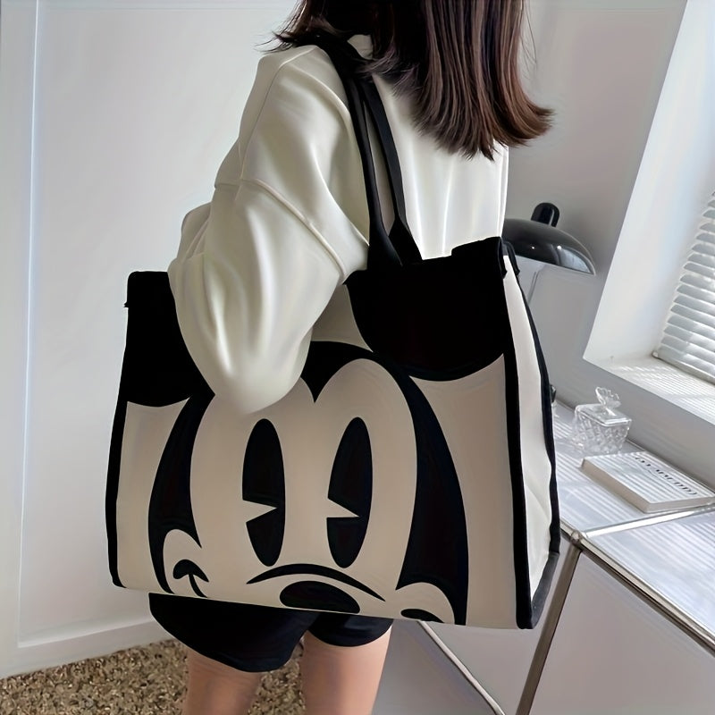 Large Capacity Canvas Tote Bag for Women - Vintage Mickey Mouse Design, Black & White Animal Print, Zipper Closure, Shoulder Commuter Handba