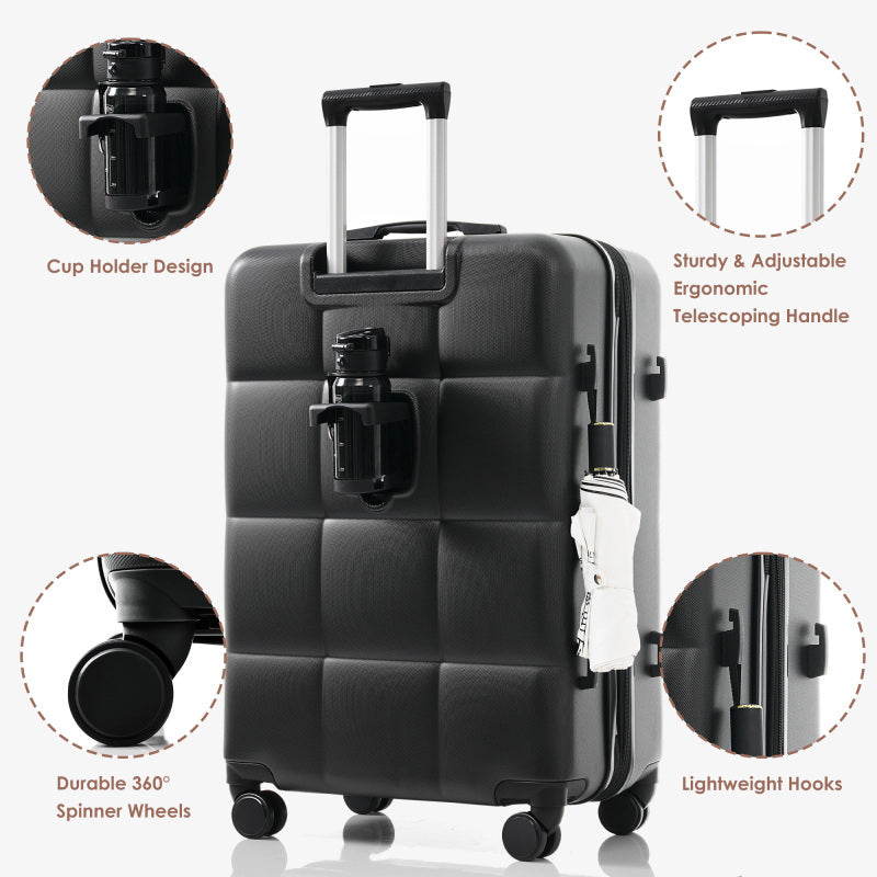 Luggage Sets 4pcs 20inch with USB Port Expandable ABS Durable Suitcase with Travel Bag Cup Holder ABS Hard Shell Luggage with Spinner Wheels black and brown
