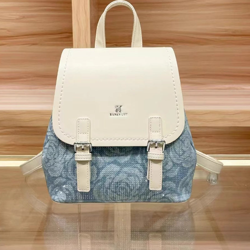 PINKFIRE Women'S Large Capacity Backpack - Stylish Blue Floral Pattern, Adjustable Shoulder Straps, Buckle Closure, High-Quality Split Leather Material, Perfect for Travel & Everyday Use, Backpack for Travel