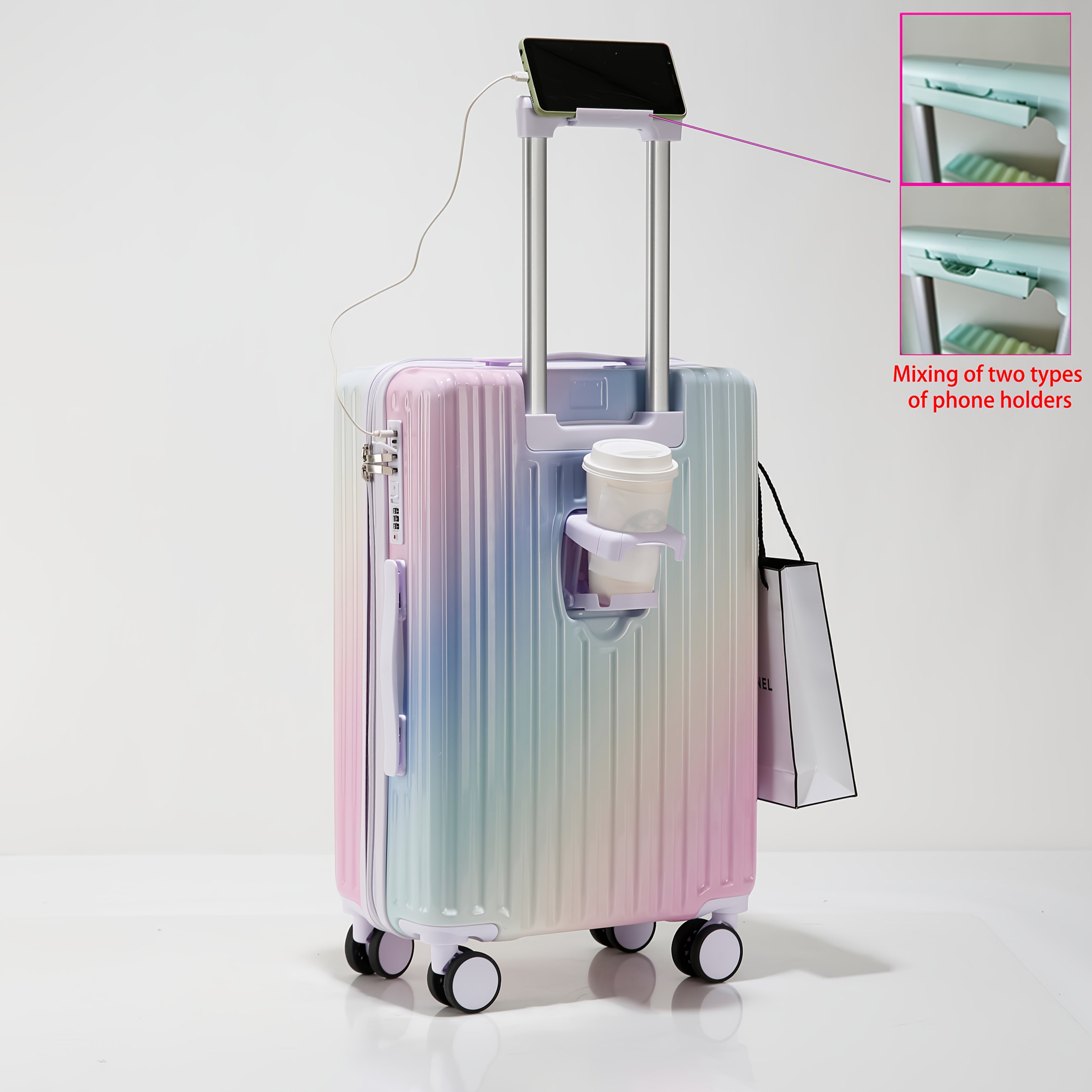 20-Inch Lightweight ABS+PC Gradient Color Travel Suitcase with USB Charging Port, TSA Lock, Cup Holder & Phone Stand for Men and Women