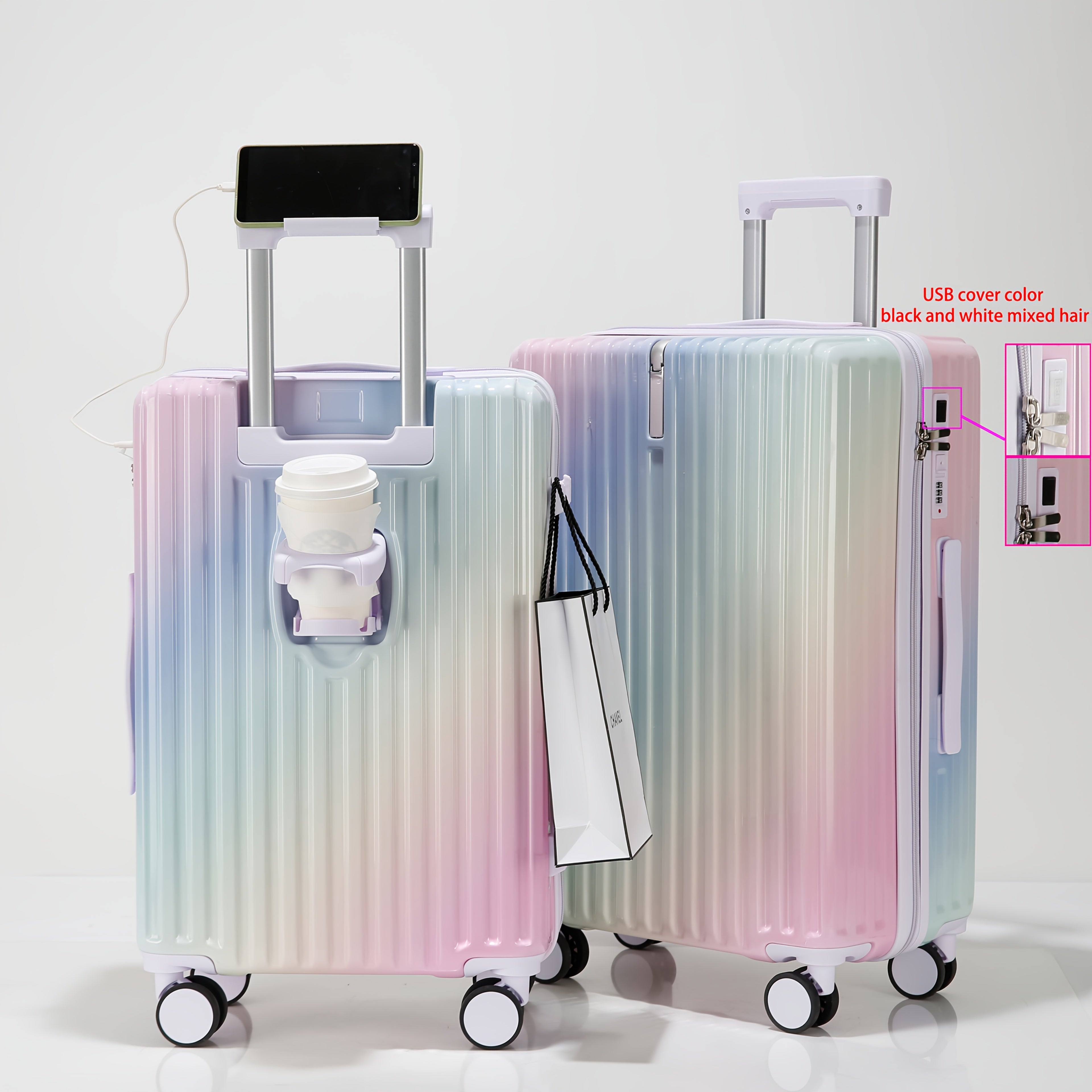 20-Inch Lightweight ABS+PC Gradient Color Travel Suitcase with USB Charging Port, TSA Lock, Cup Holder & Phone Stand for Men and Women