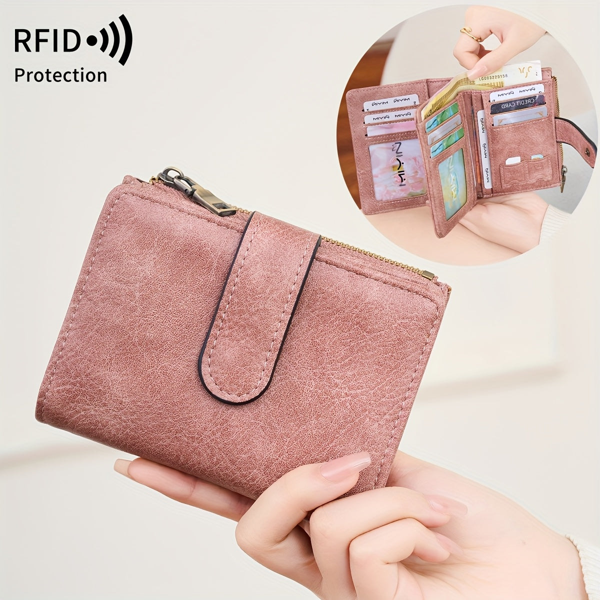 RFID Anti-Theft Wallet Multi-Carat RFID Anti-Theft Wallet - Retro Short Wallet, Solid Color Bifold Coin Purse, Women's Credit Card Holder