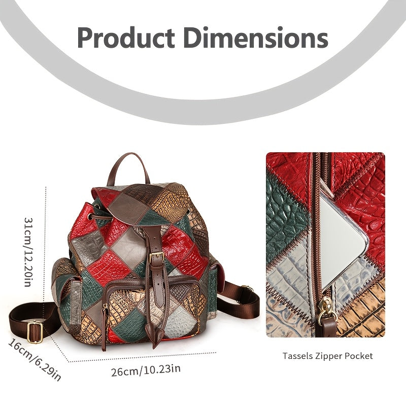 Vintage Patchwork Women'S Backpack - Genuine Leather, Adjustable Straps, Drawstring Closure, Tribal Style, with Polyester Lining And Applique Embellishment for Travel, School, Or Daily Use, Travel Backpack