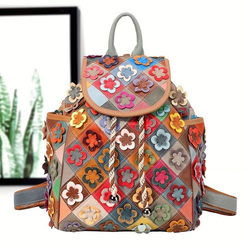 Vintage Floral Genuine Leather Backpack for Women, Colorful Patchwork Design with Bead Embellishments, Adjustable Shoulder Straps, Drawstring Closure, Polyester Lined, Large Capacity Fashion Daypack, Backpack Purse