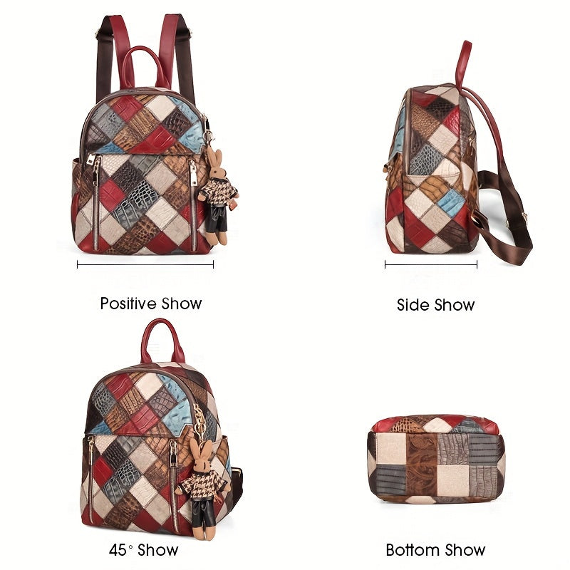 Cobbler Legend Women's Vintage Checkered Backpack - Top-Grain Genuine Leather Travel Bag with Adjustable Straps, Zipper Closure & Polyester Lining, Multi-Color Design for Casual & Holiday Use, Retro Aesthetic, Oiledged Finish