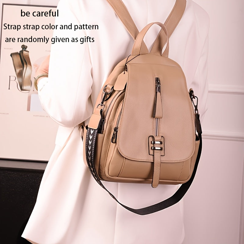 Vintage Style Genuine Leather Backpack for Women, Solid Color Shoulder and Crossbody Bag with Adjustable Strap, Casual Fashion Handbag with Magnetic Closure and Fabric Lining, Cute Backpack