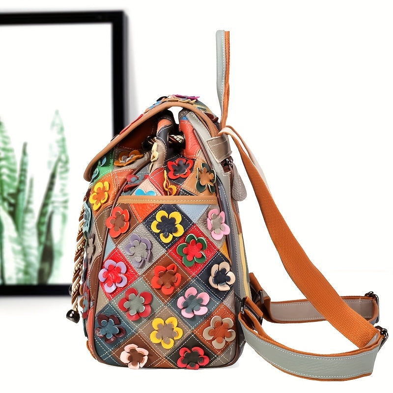 Vintage Floral Genuine Leather Backpack for Women, Colorful Patchwork Design with Bead Embellishments, Adjustable Shoulder Straps, Drawstring Closure, Polyester Lined, Large Capacity Fashion Daypack, Backpack Purse