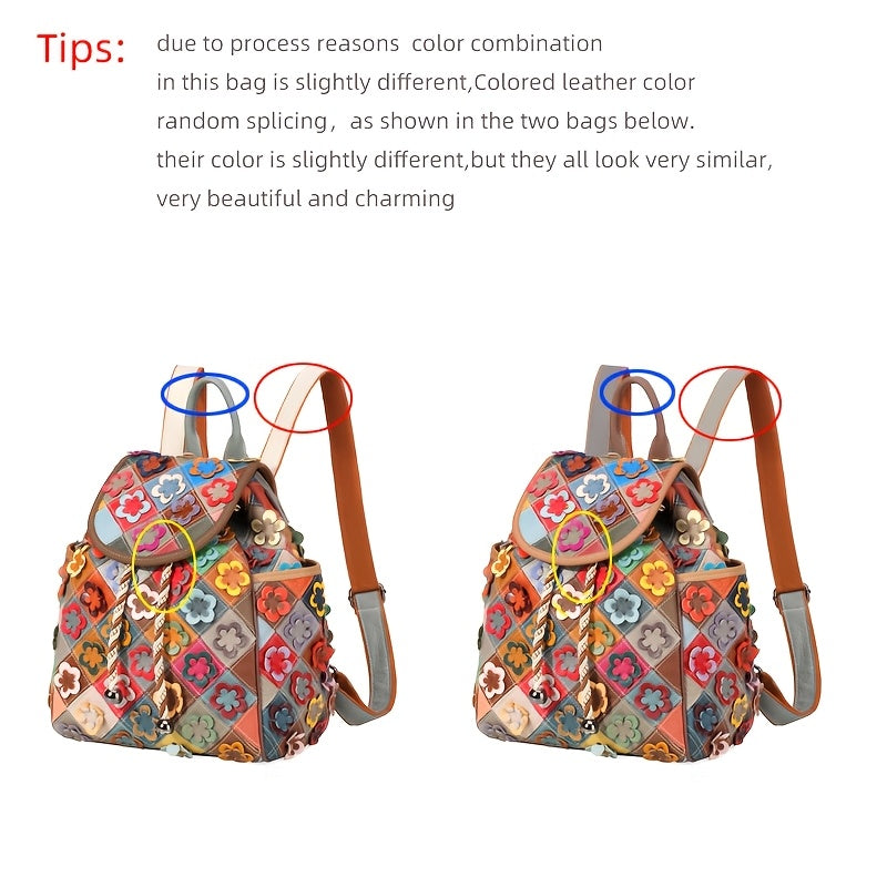 Vintage Floral Genuine Leather Backpack for Women, Colorful Patchwork Design with Bead Embellishments, Adjustable Shoulder Straps, Drawstring Closure, Polyester Lined, Large Capacity Fashion Daypack, Backpack Purse
