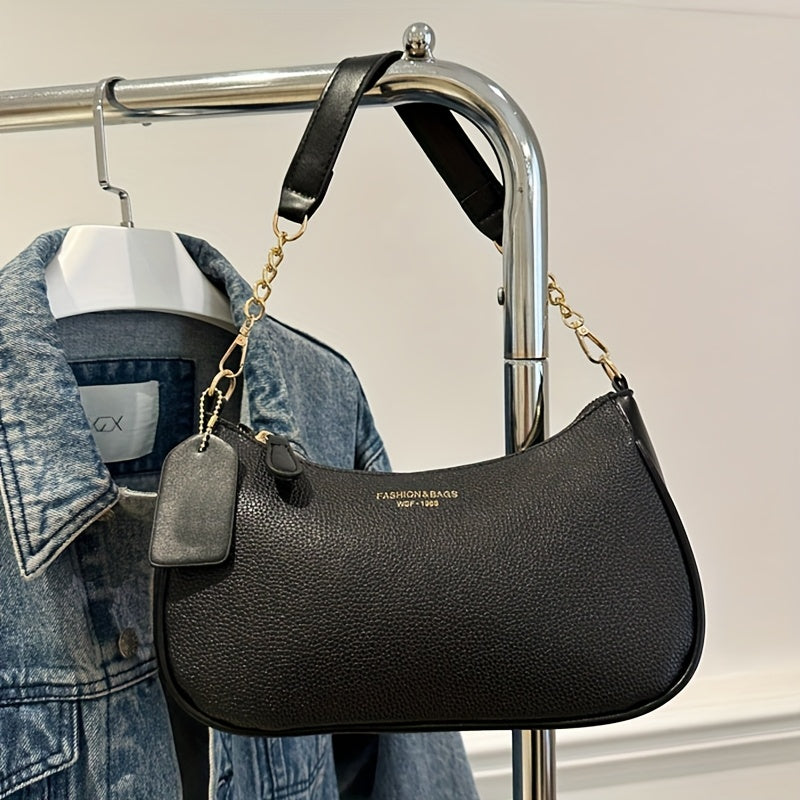 Fashionable And Minimalist Women'S Crescent Shoulder Bag with a Golden-Chain Handle - Featuring a Removable Comfortable Strap, Zipper Closure, Polyester Lining, Perfect for Casual And Everyday Use, Available in Black, White, Brown, And Red