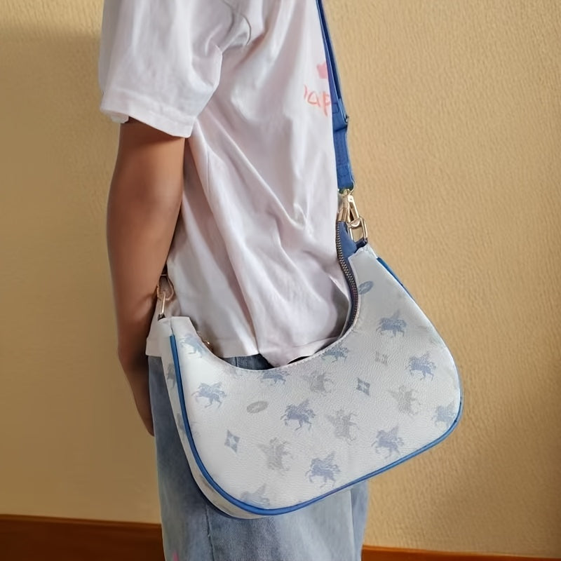 Chic Sky Blue Animal Print Crossbody Bag for Women - Lightweight Synthetic Leather Baguette with Adjustable Strap, Crescent Moon Design, and Fluffy Pom-Pom Charm, Adjustable Shoulder Bag | Crescent Moon Bag | Decorative Pompom Charm, Small Crossbody Bag