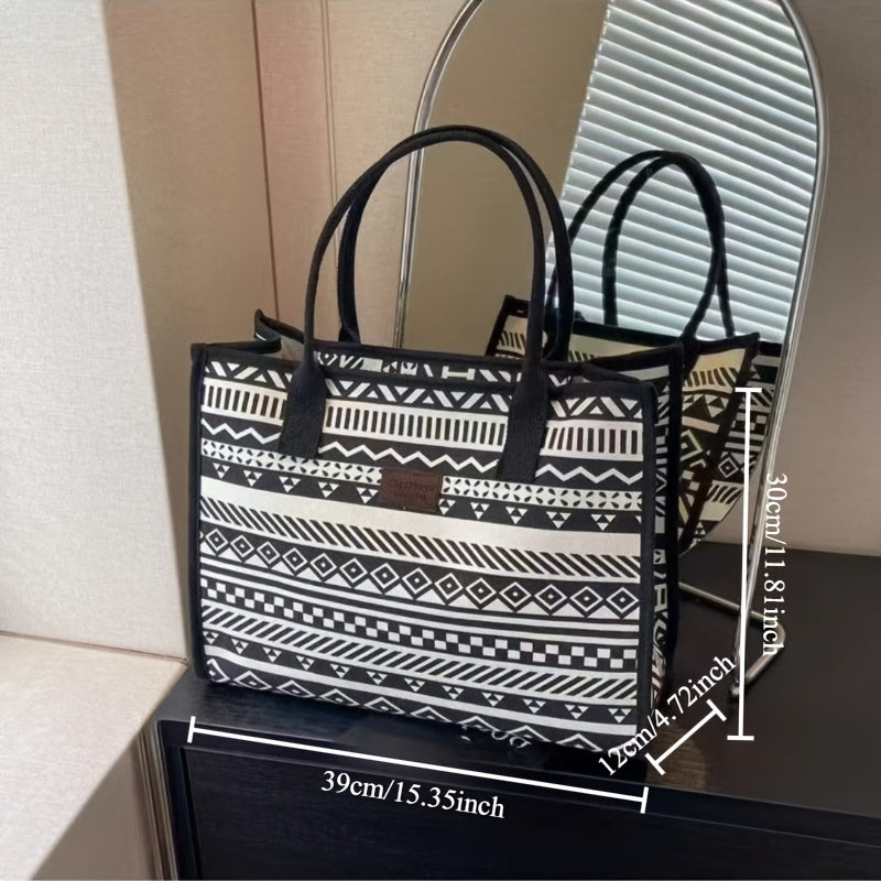 Vintage Ethnic Style Large Capacity Canvas Tote Bag - Fashionable Minimalist Shoulder & Handbag for Work, Commuting, and Everyday Use, Canvas Material, Geometric Pattern, Shoulder Ba