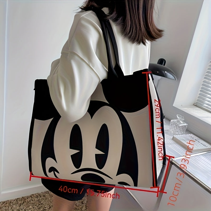 Large Capacity Canvas Tote Bag for Women - Vintage Mickey Mouse Design, Black & White Animal Print, Zipper Closure, Shoulder Commuter Handba