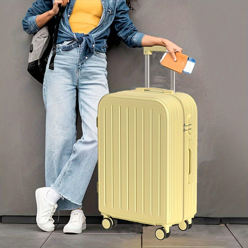 1pc 18-inch Mini Women's Luggage, Yellow Carry-on Suitcase with Cup Holder and USB Port, Lightweight Travel Bag for Short Trips and Business Travel, PC+ABS Material, Zip Closure, Rotating Wheels, Polyester Lining, Ergonomic Handle, No Power, Password Lock