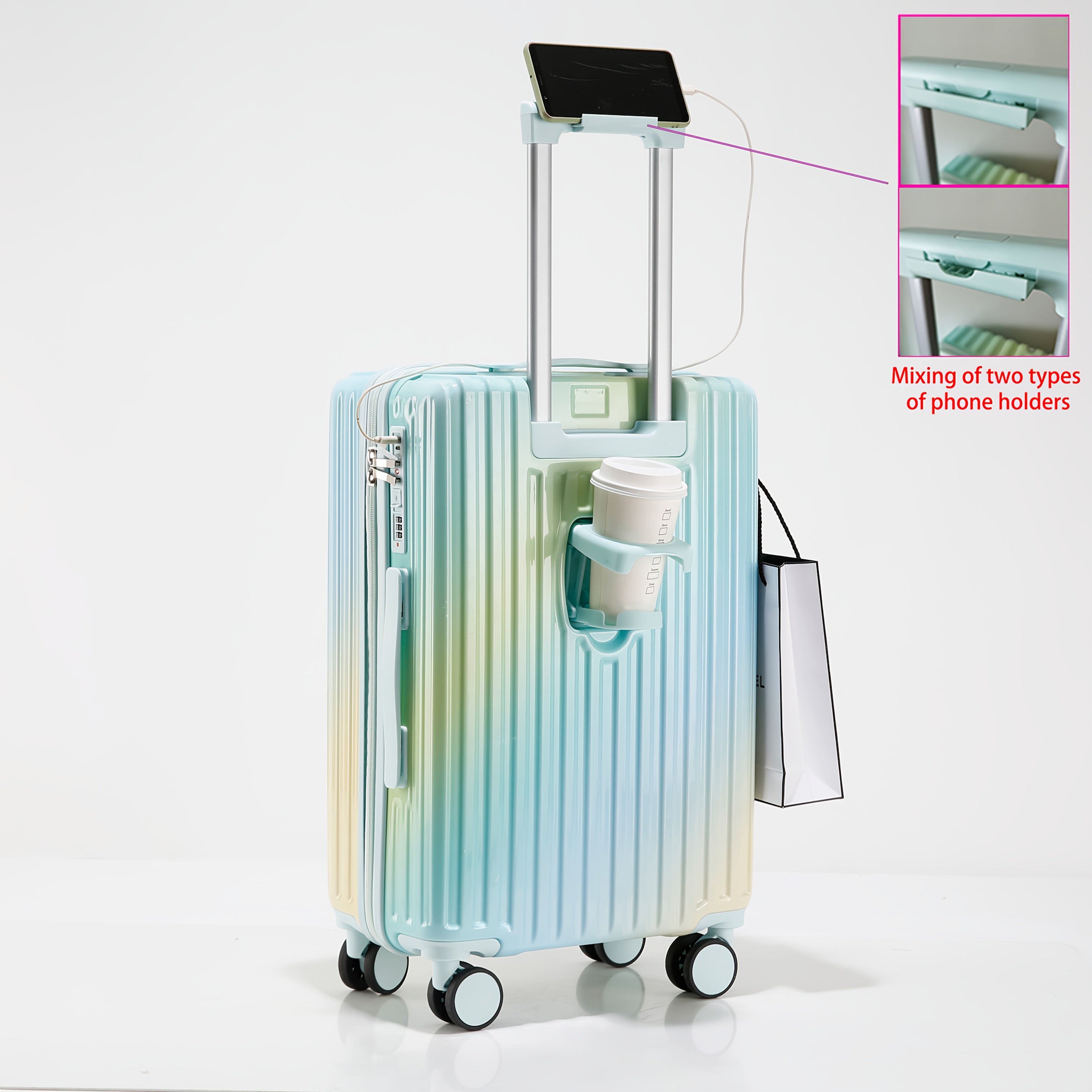 20-Inch Lightweight ABS+PC Gradient Color Travel Suitcase with USB Charging Port, TSA Lock, Cup Holder & Phone Stand for Men and Women