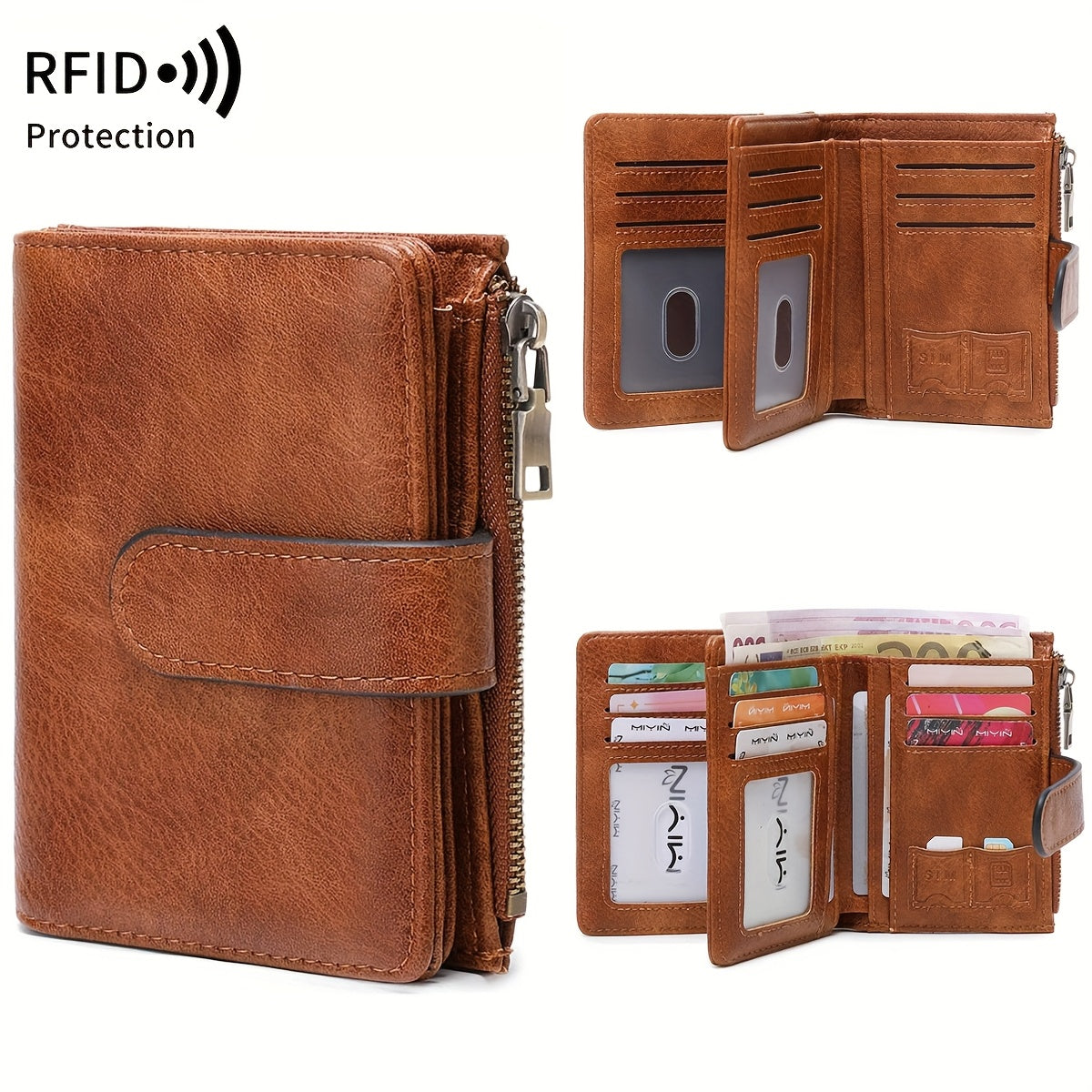 RFID Anti-Theft Wallet Multi-Carat RFID Anti-Theft Wallet - Retro Short Wallet, Solid Color Bifold Coin Purse, Women's Credit Card Holder