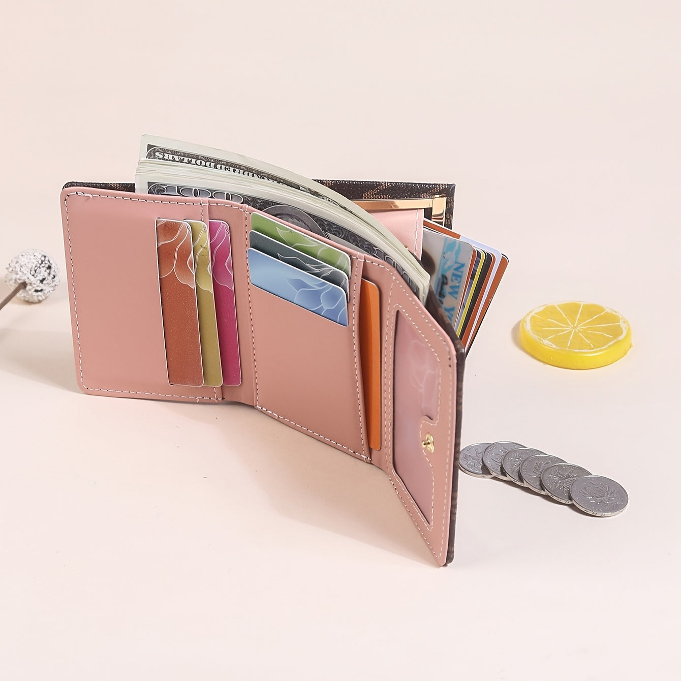 Elegant Mini Trifold Wallet - Stylish Letter Print, Snap Closure, Multiple Card Slots for Women (Available in Pink, White, Black, Dark Brown)