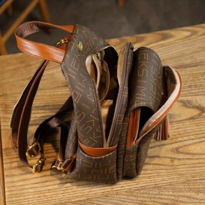 Classic Elegant Genuine New Large Capacity Printed Contrast Color Backpack Simple Style Shoulder Bag