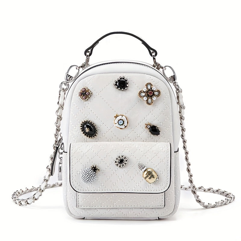 Genuine Leather Women'S Backpack - Soft, Versatile Streetwear Bag with Zipper Closure, Polyester Lining, and Decorative Studs, White or Light Gray, Perfect for Casual Outings, Casual Outing Backpack | Trendy Backpack | Genuine Leather Bag