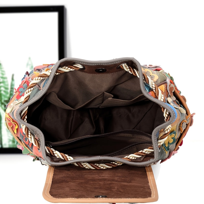 Vintage Floral Genuine Leather Backpack for Women, Colorful Patchwork Design with Bead Embellishments, Adjustable Shoulder Straps, Drawstring Closure, Polyester Lined, Large Capacity Fashion Daypack, Backpack Purse