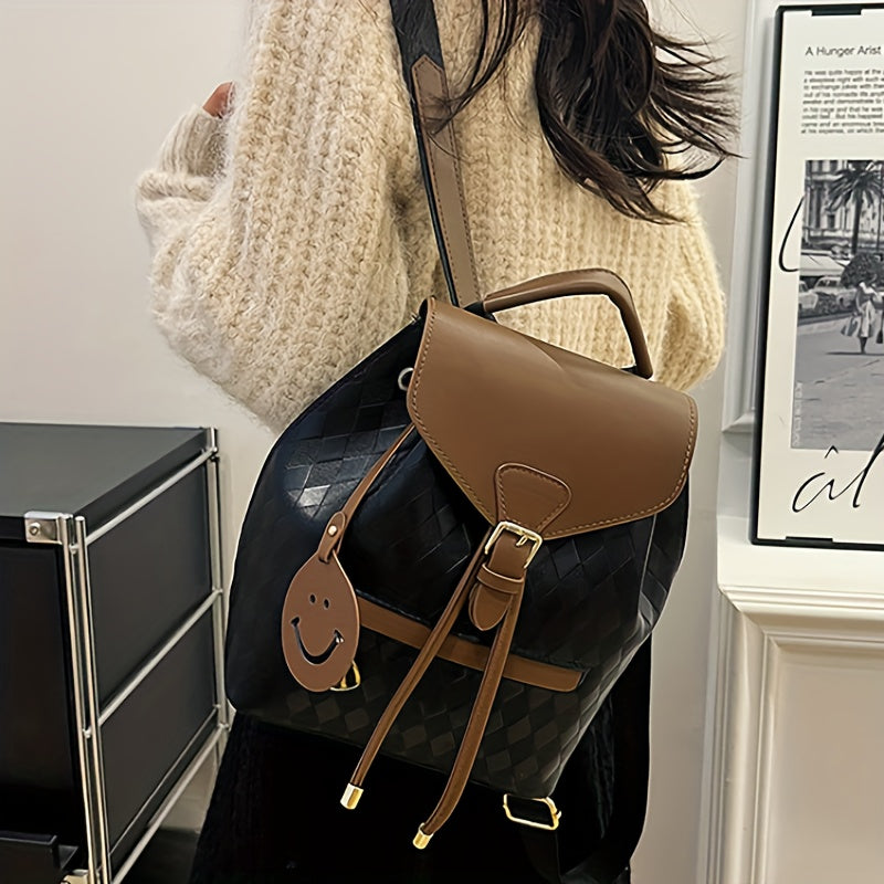 Quilted PU Backpack Coffee Brown & Black Quilted PU Backpack for Women | Adjustable Shoulder Straps, Golden Buckle, and Joyful Face Charm | Perfect for Work, Travel, and Everyday Use